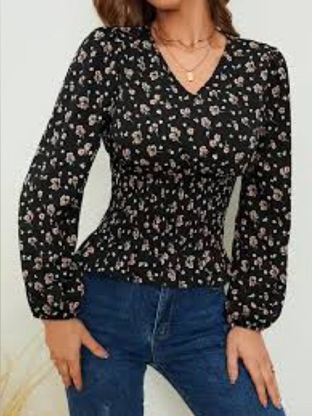 Women’s floral v neck lantern sleeve corset waist blouse
